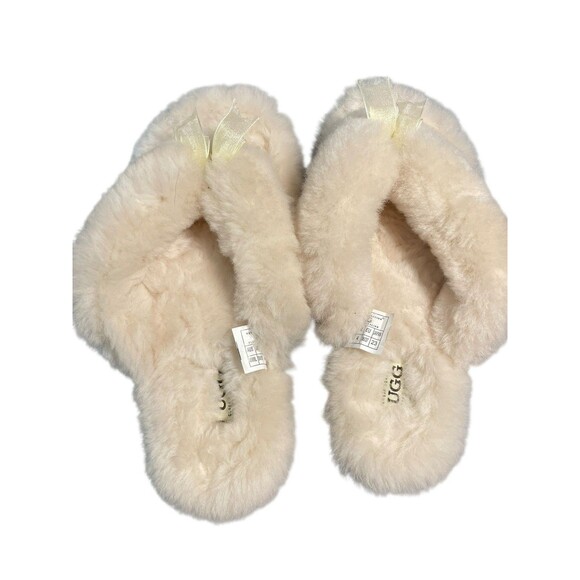 UGG Fluff Flip Flop Women's Size 5 Fuzzy Thong Slippers Slides Ivory Excellent - Picture 3 of 9